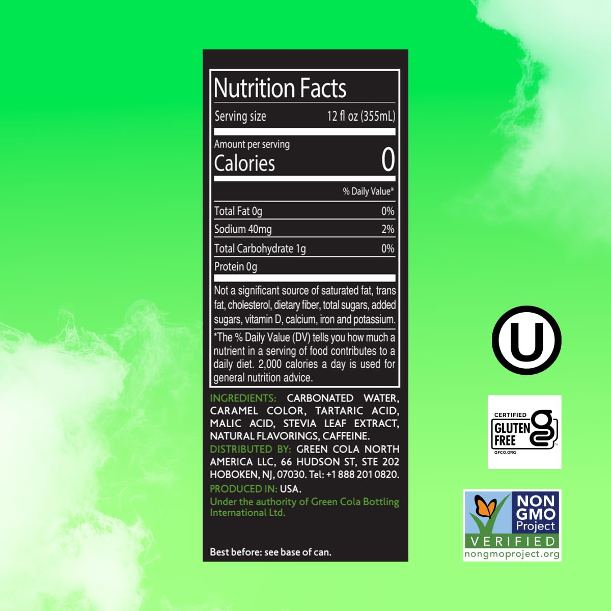 Green Cola can pouring into a glass, sugar-free sipping option