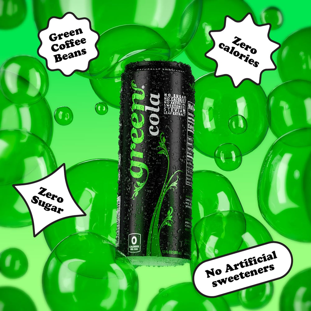 Green Cola label closeup showing stevia sweetness and natural caffeine