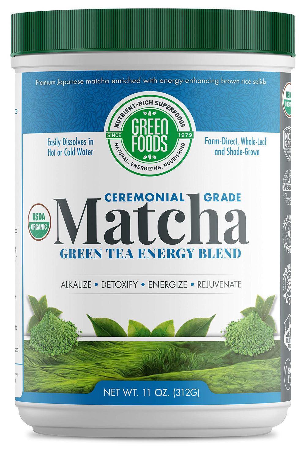 Green Foods ceremonial grade matcha canister showing freshness and quality
