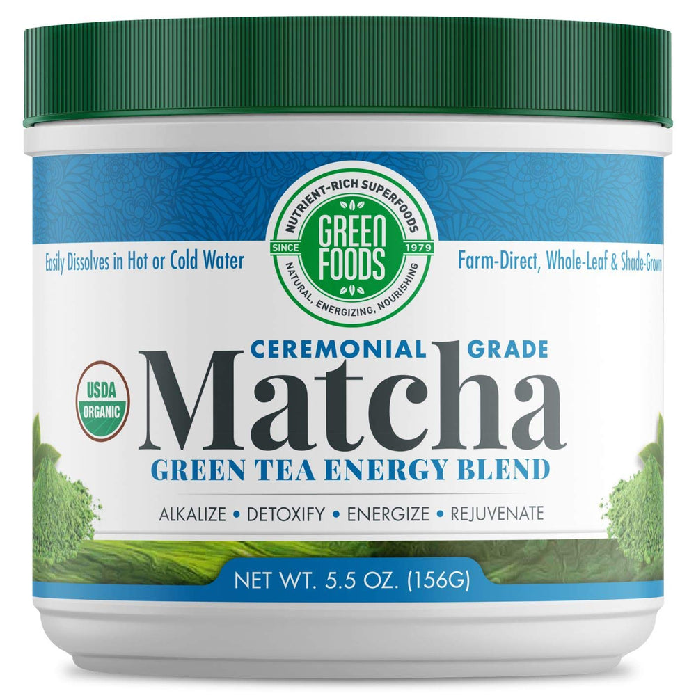 Green Foods ceremonial-grade matcha tin packaging showing premium whole-leaf quality