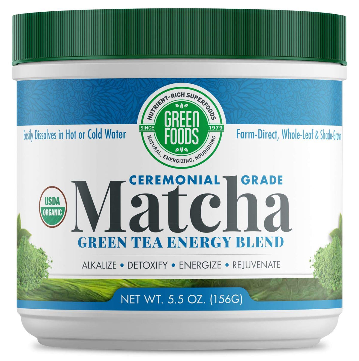 Green Foods ceremonial-grade matcha tin packaging showing premium whole-leaf quality