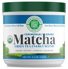 Green Foods ceremonial-grade matcha tin packaging showing premium whole-leaf quality