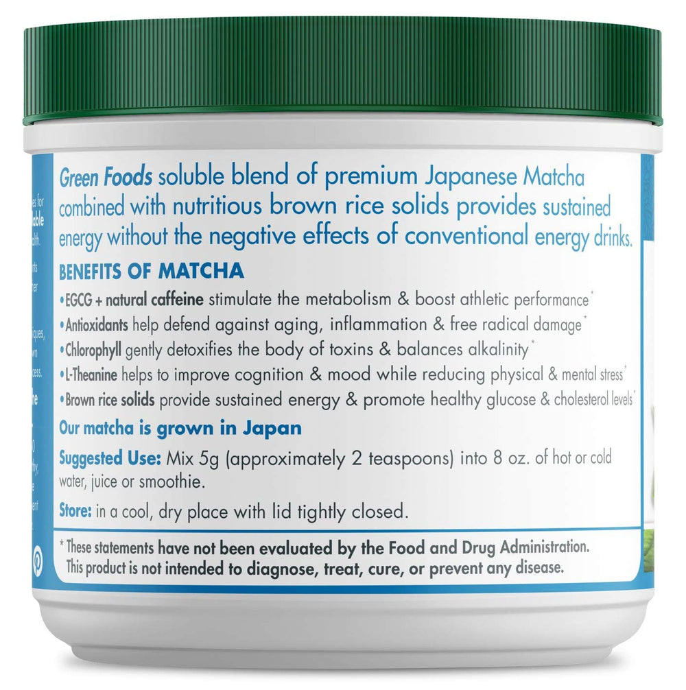 Green Foods matcha powder in a bowl with vibrant emerald color