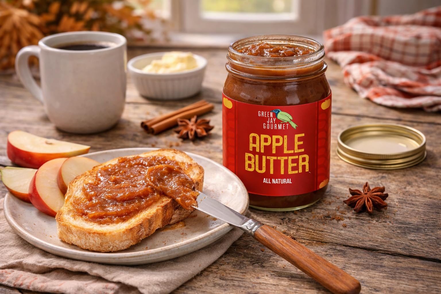 Green Jay Gourmet Apple Pecan Butter glass jar on kitchen counter.