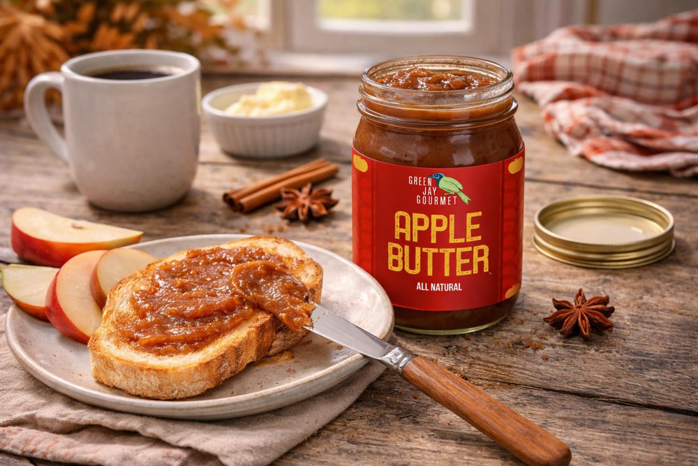 Green Jay Gourmet Apple Pecan Butter glass jar on kitchen counter.