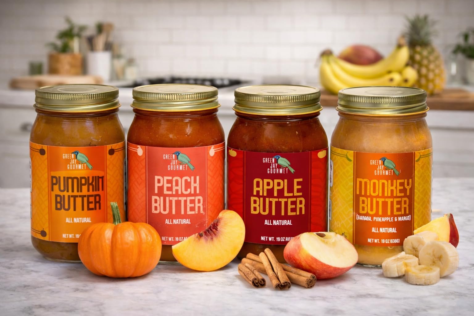 Green Jay Gourmet Apple Pecan Butter label, small-batch quality and gluten-free promise.