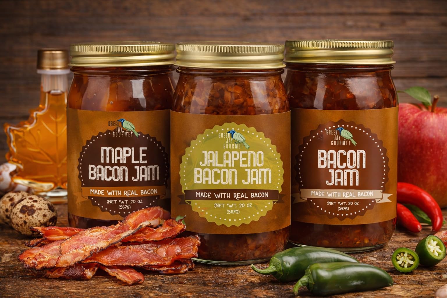 Green Jay Gourmet Bacon Jam burger topping, enhances grilled meat flavor
