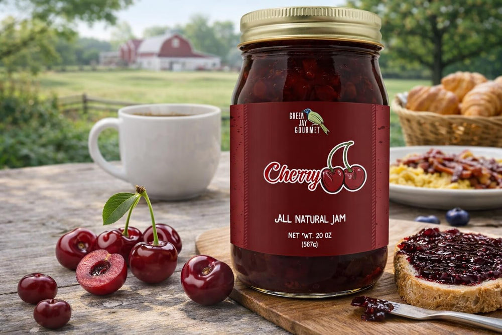 Green Jay Gourmet Cherry Jam cherries closeup emphasizes bold fruit flavor and tangy note.