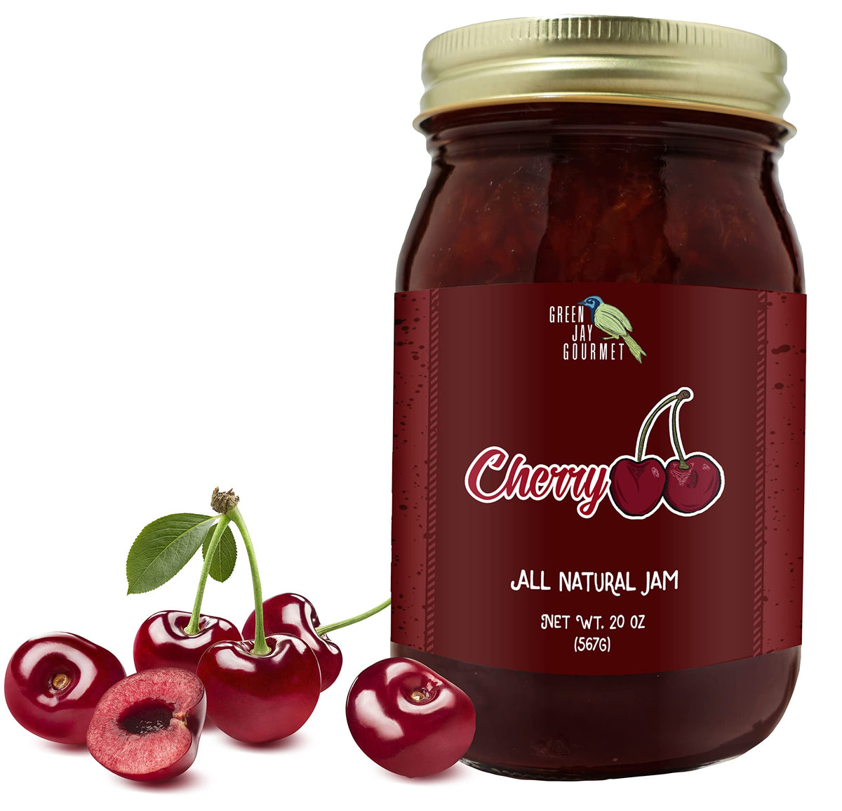 Green Jay Gourmet Cherry Jam jar showing ripe cherries for a flavorful breakfast spread.