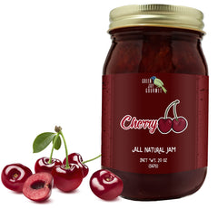 Green Jay Gourmet Cherry Jam jar showing ripe cherries for a flavorful breakfast spread.