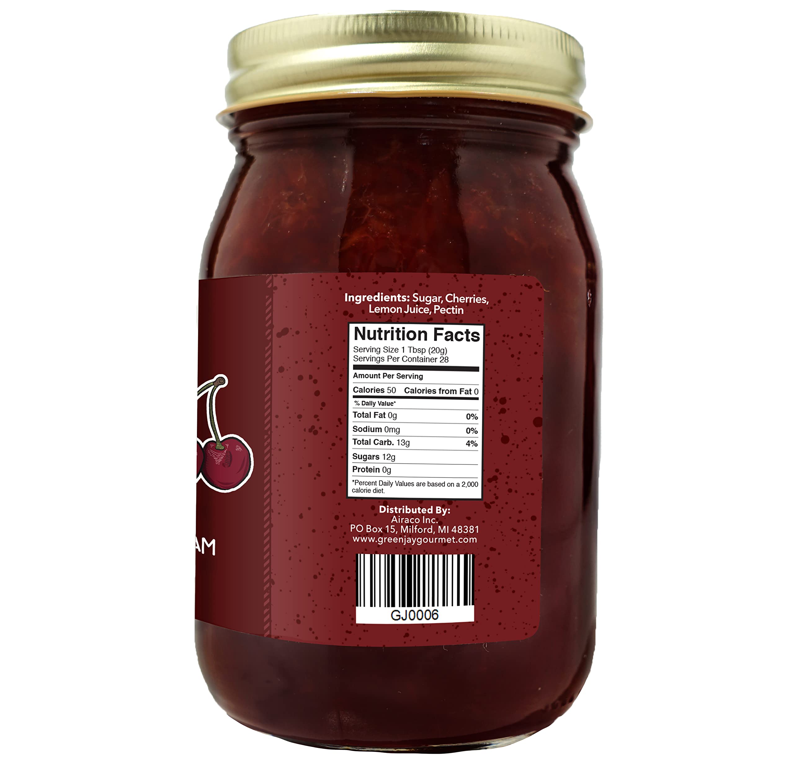Green Jay Gourmet Cherry Jam label highlights all-natural, vegan ingredients and premium quality.