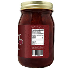 Green Jay Gourmet Cherry Jam label highlights all-natural, vegan ingredients and premium quality.