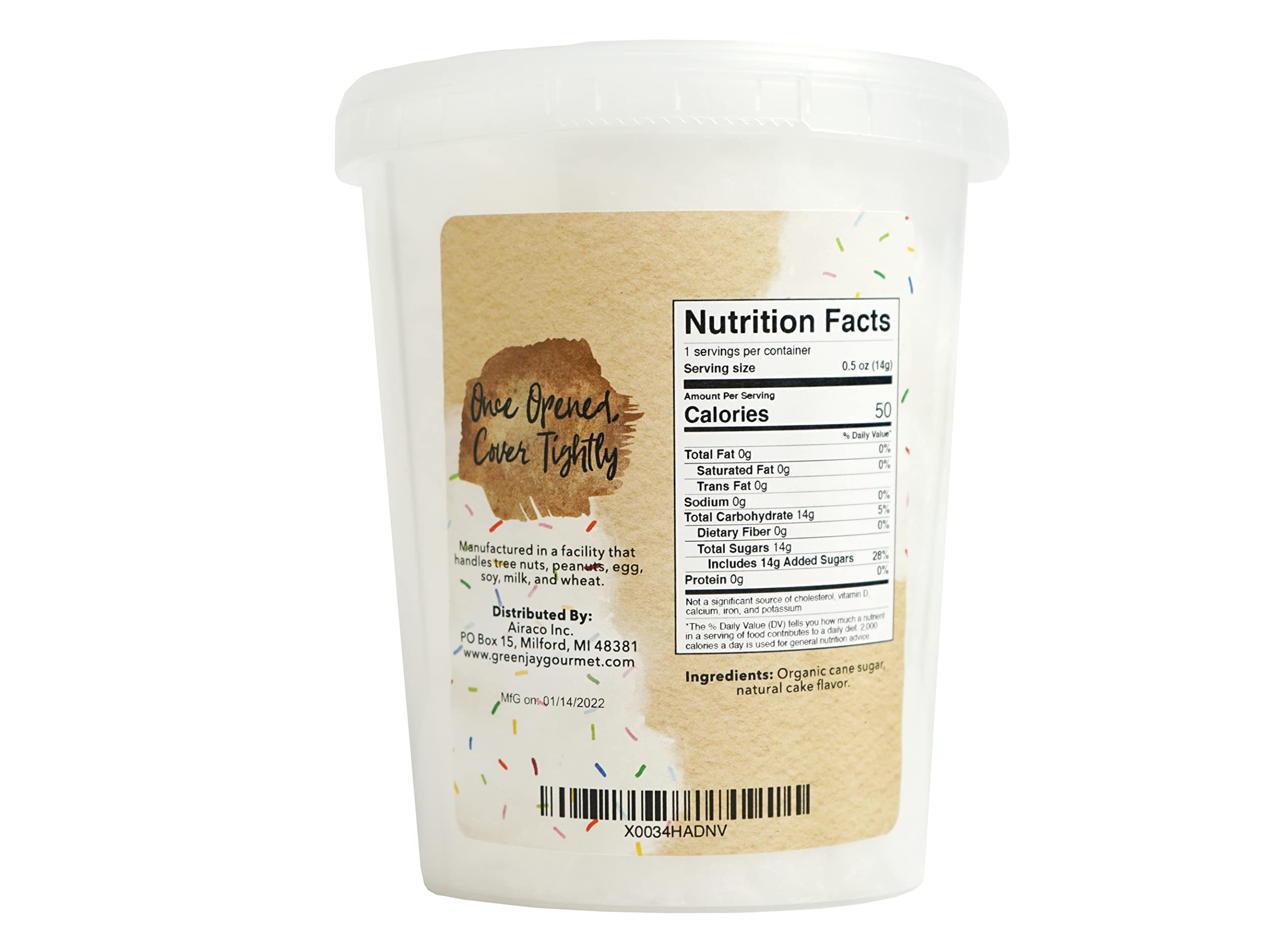 Green Jay Gourmet cotton candy Birthday Cake ingredients highlight organic cane sugar, no artificial colors.