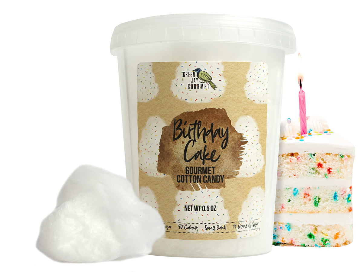 Green Jay Gourmet cotton candy Birthday Cake tub with fluffy texture, ideal for party favors.