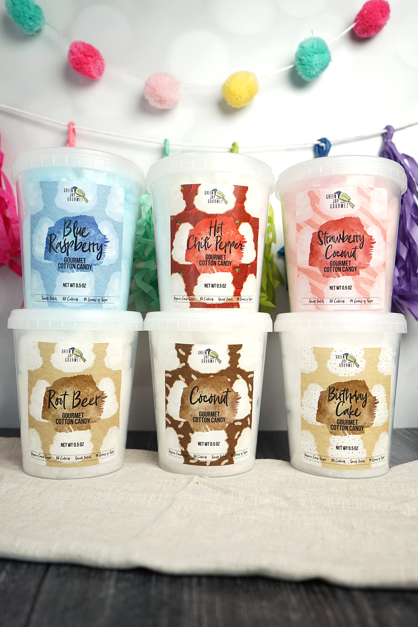 Green Jay Gourmet cotton candy made in USA highlights small-batch quality.