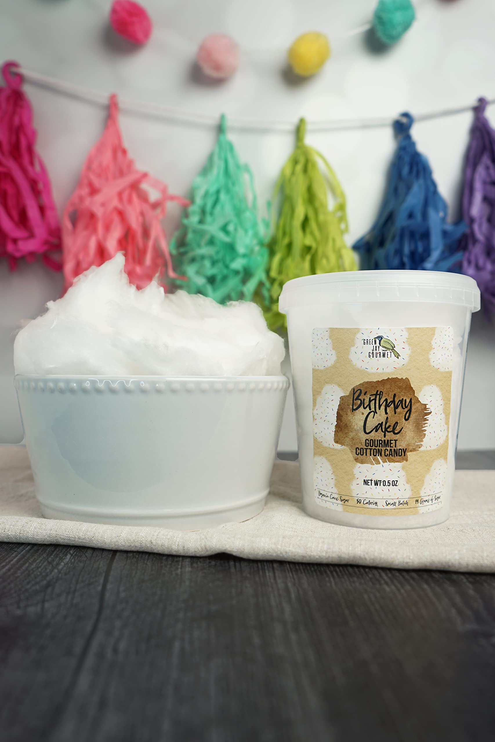 Green Jay Gourmet cotton candy party favors presented for festive gatherings.