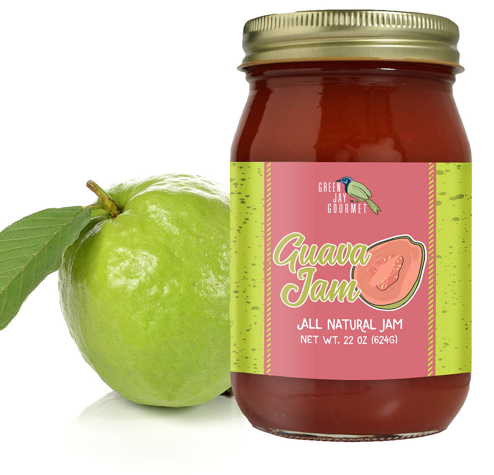 Green Jay Gourmet Guava Jam bottle close-up highlighting all-natural ingredients and bold aroma.