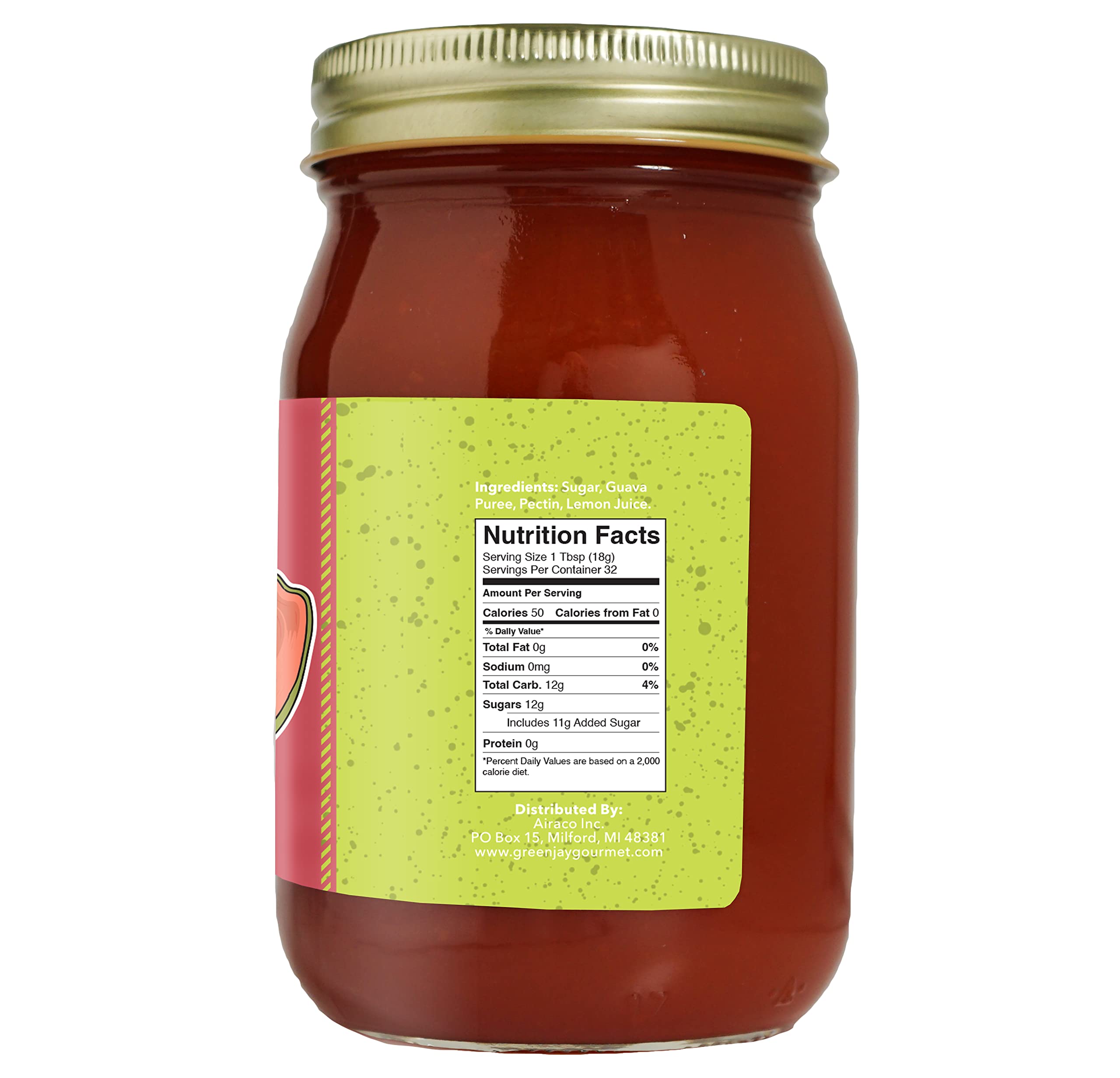 Green Jay Gourmet Guava Jam jar on wood showcases premium, small-batch flavor.
