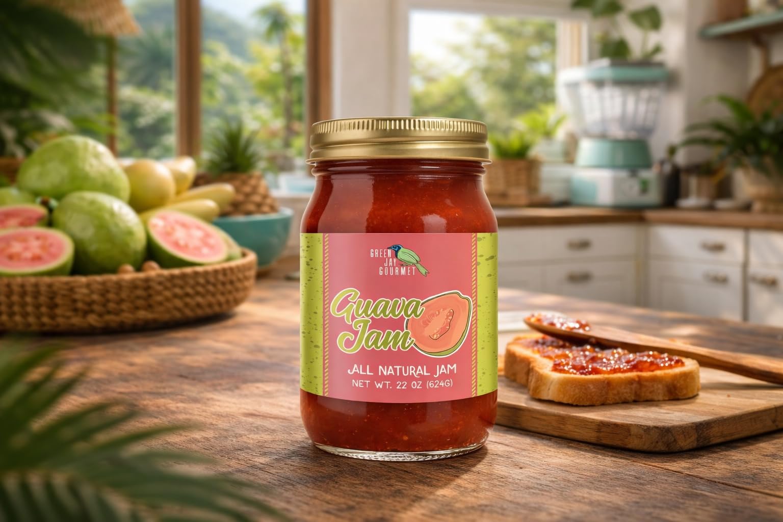 Green Jay Gourmet Guava Jam on spoon reveals smooth texture for yogurt.