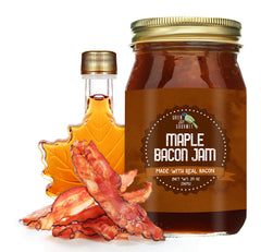 Green Jay Gourmet Maple Bacon Jam bottle on a counter, ideal for burgers.