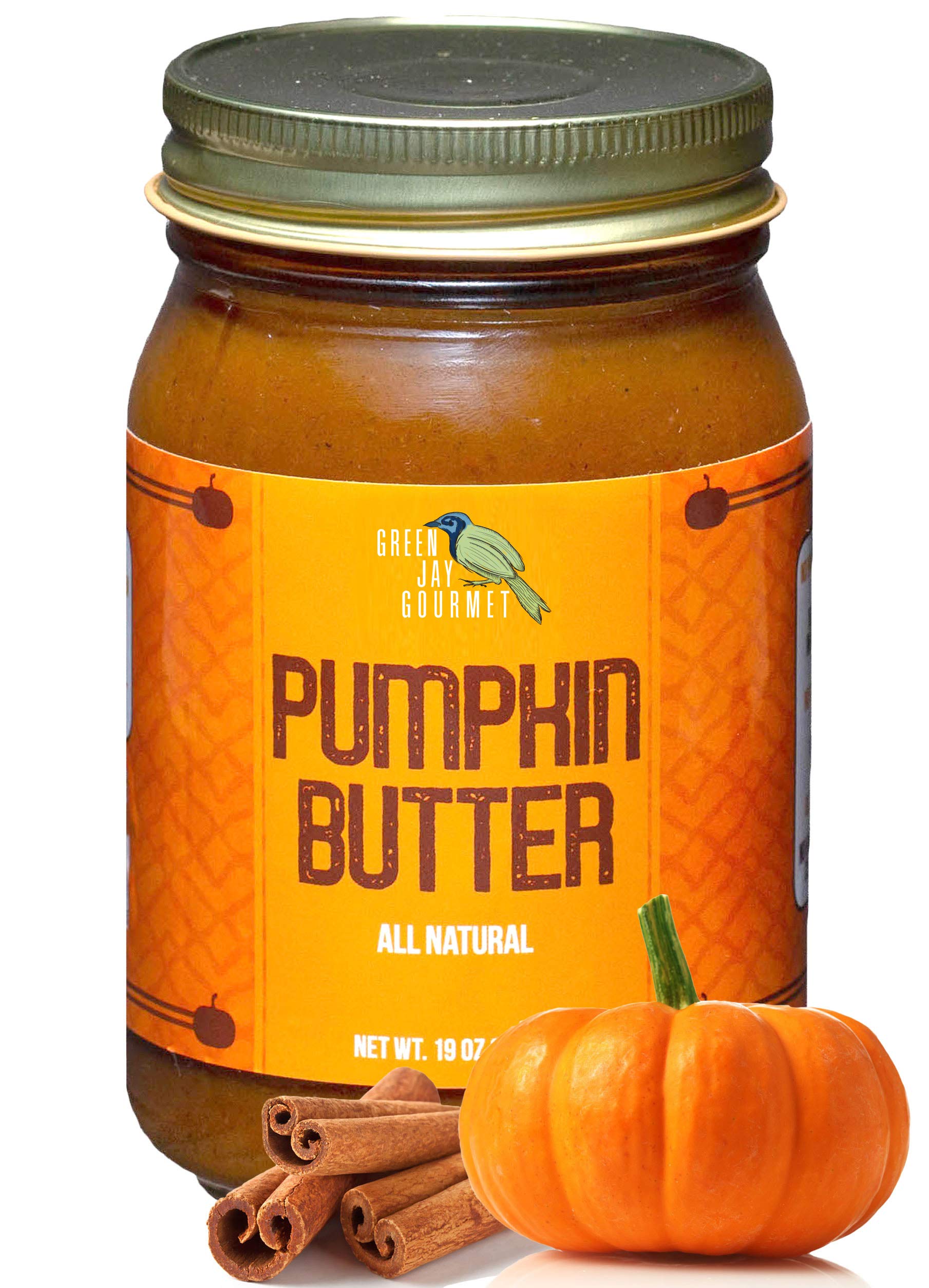 Green Jay Gourmet Pumpkin Butter 19oz bottle pour shows rich, spiced spread for breakfasts
