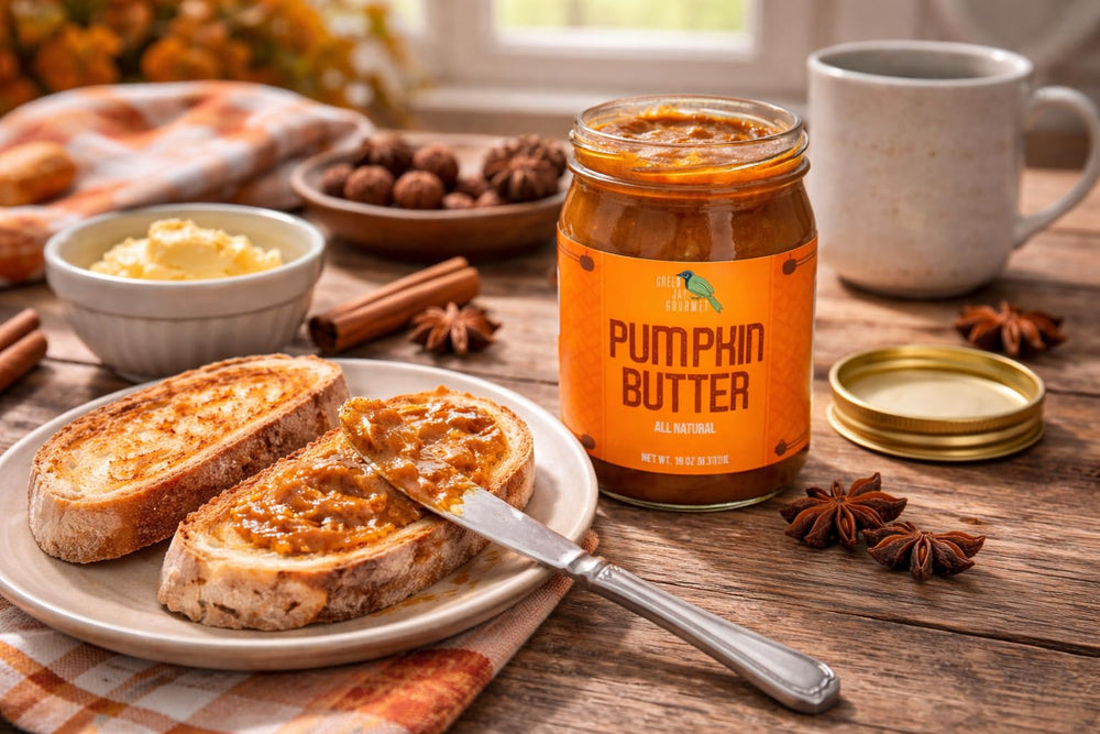 Green Jay Gourmet Pumpkin Butter on toast demonstrates versatile gourmet spread