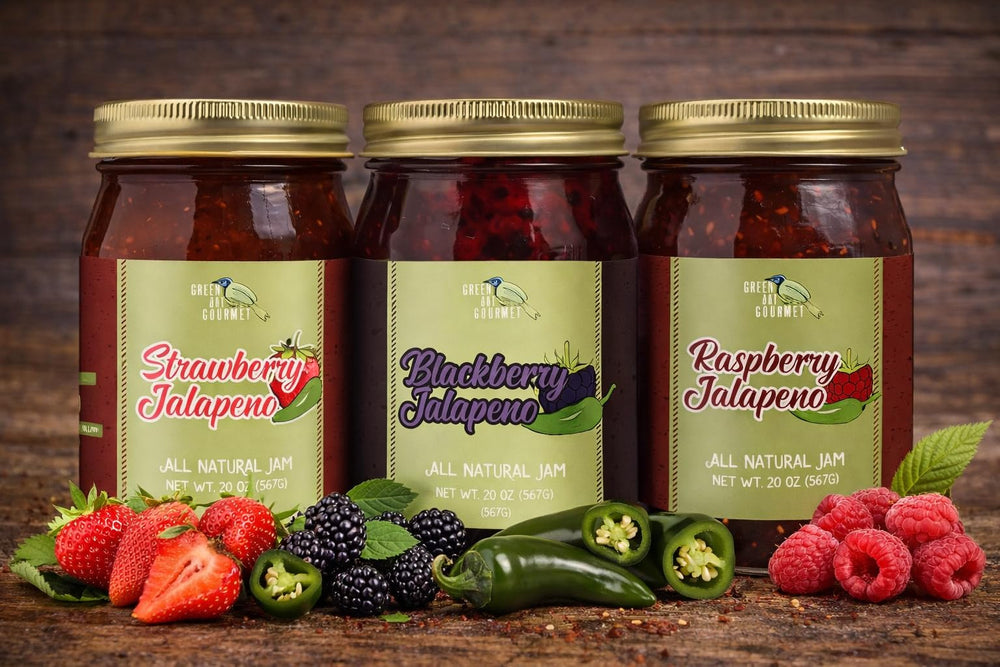 Green Jay Gourmet Raspberry Jalapeno Jam ingredients image emphasizes real fruit and no preservatives.