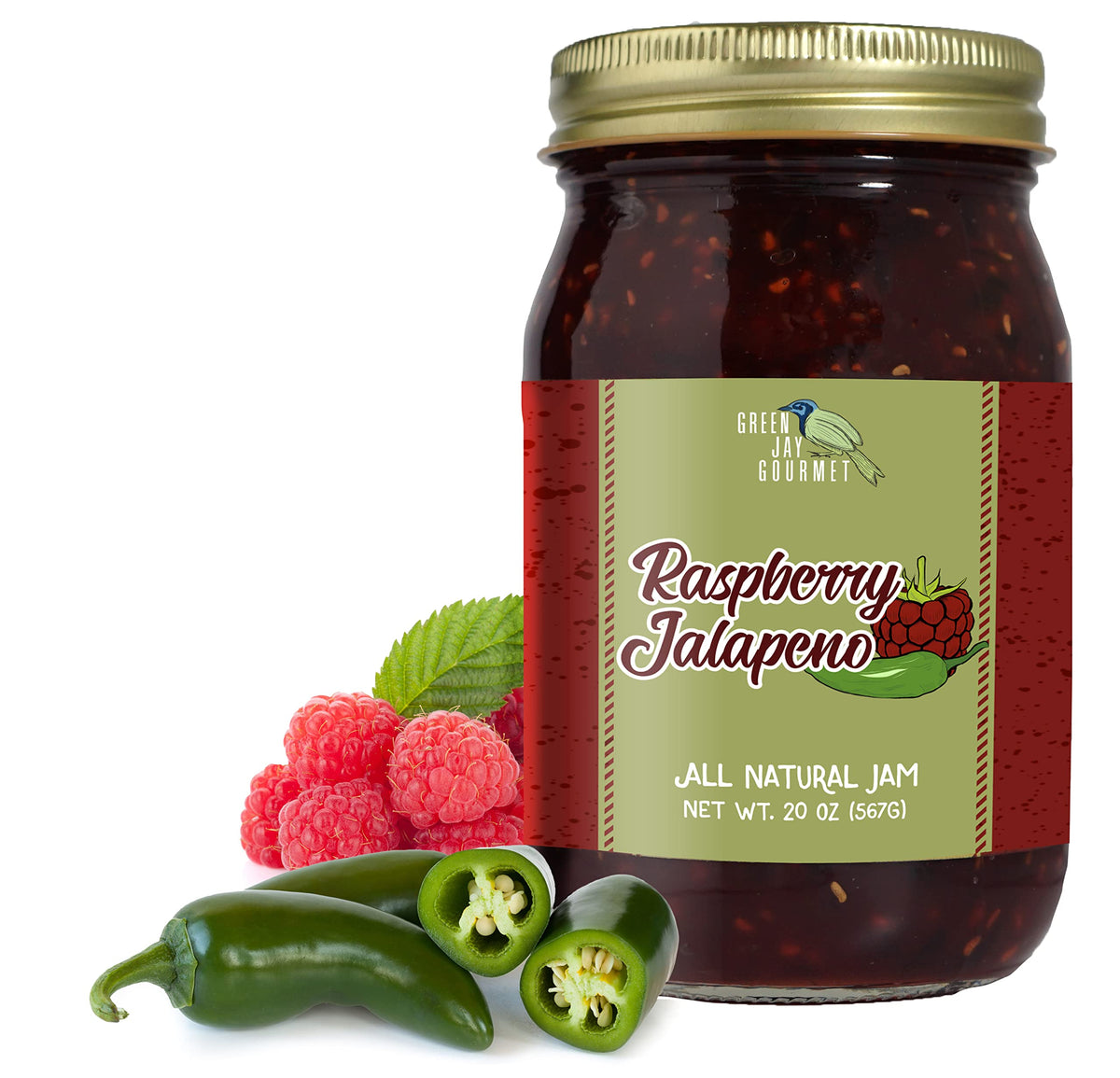 Green Jay Gourmet Raspberry Jalapeno Jam jar with bold berry and pepper blend, perfect for breakfast.