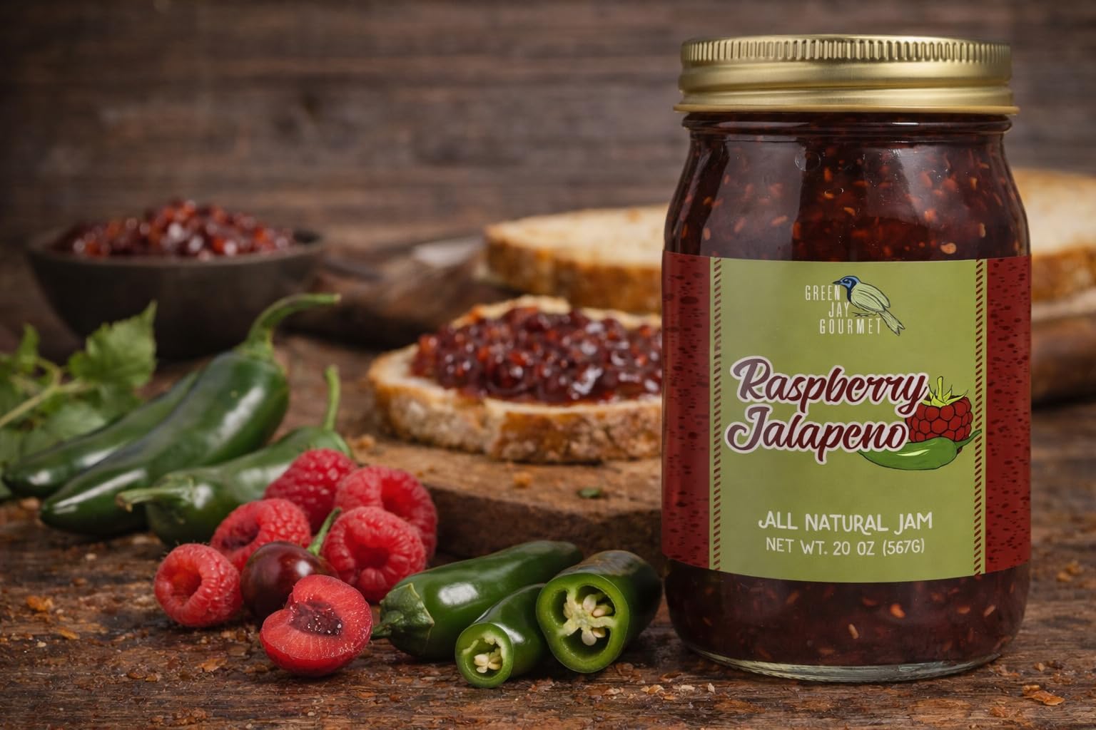 Green Jay Gourmet Raspberry Jalapeno Jam spread on toast promises sweet-spicy balance.