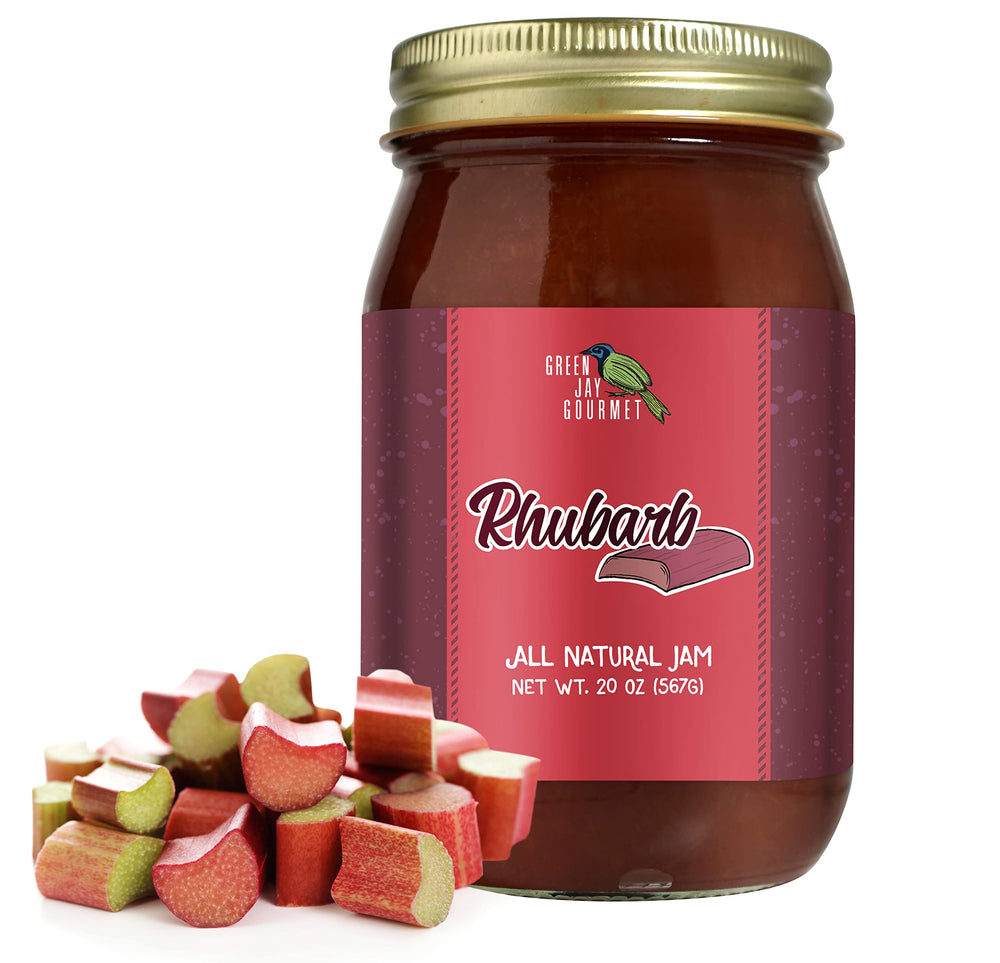 Green Jay Gourmet Rhubarb Jam jar showcases vibrant fruit blend for desserts and toast