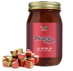 Green Jay Gourmet Rhubarb Jam jar showcases vibrant fruit blend for desserts and toast