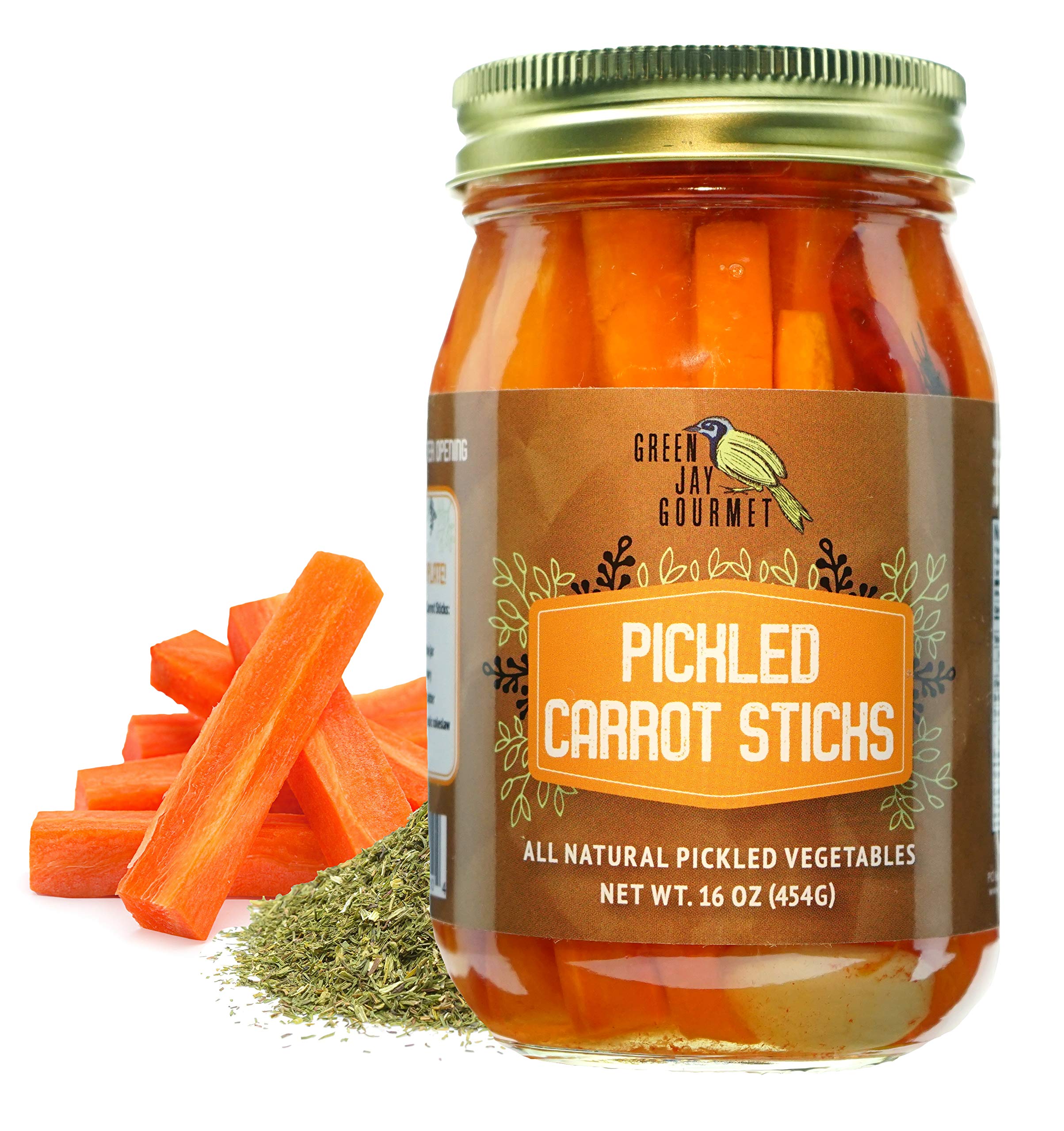 Green Jay Gourmet spicy pickled carrot sticks in jar, perfect for quick salads and snacks.