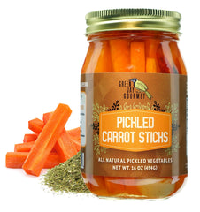 Green Jay Gourmet spicy pickled carrot sticks in jar, perfect for quick salads and snacks.
