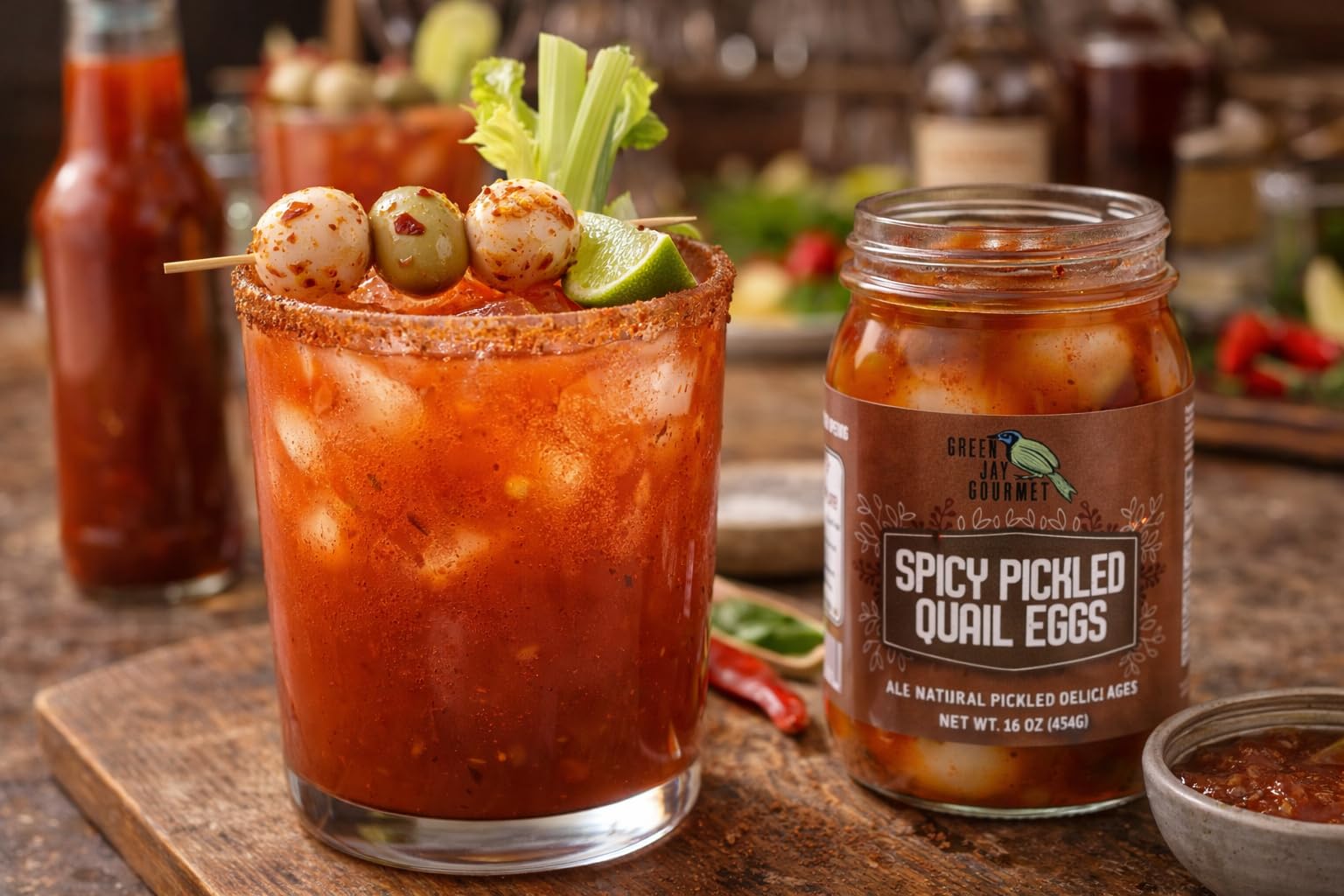 Green Jay Gourmet spicy pickled quail eggs being poured from the jar