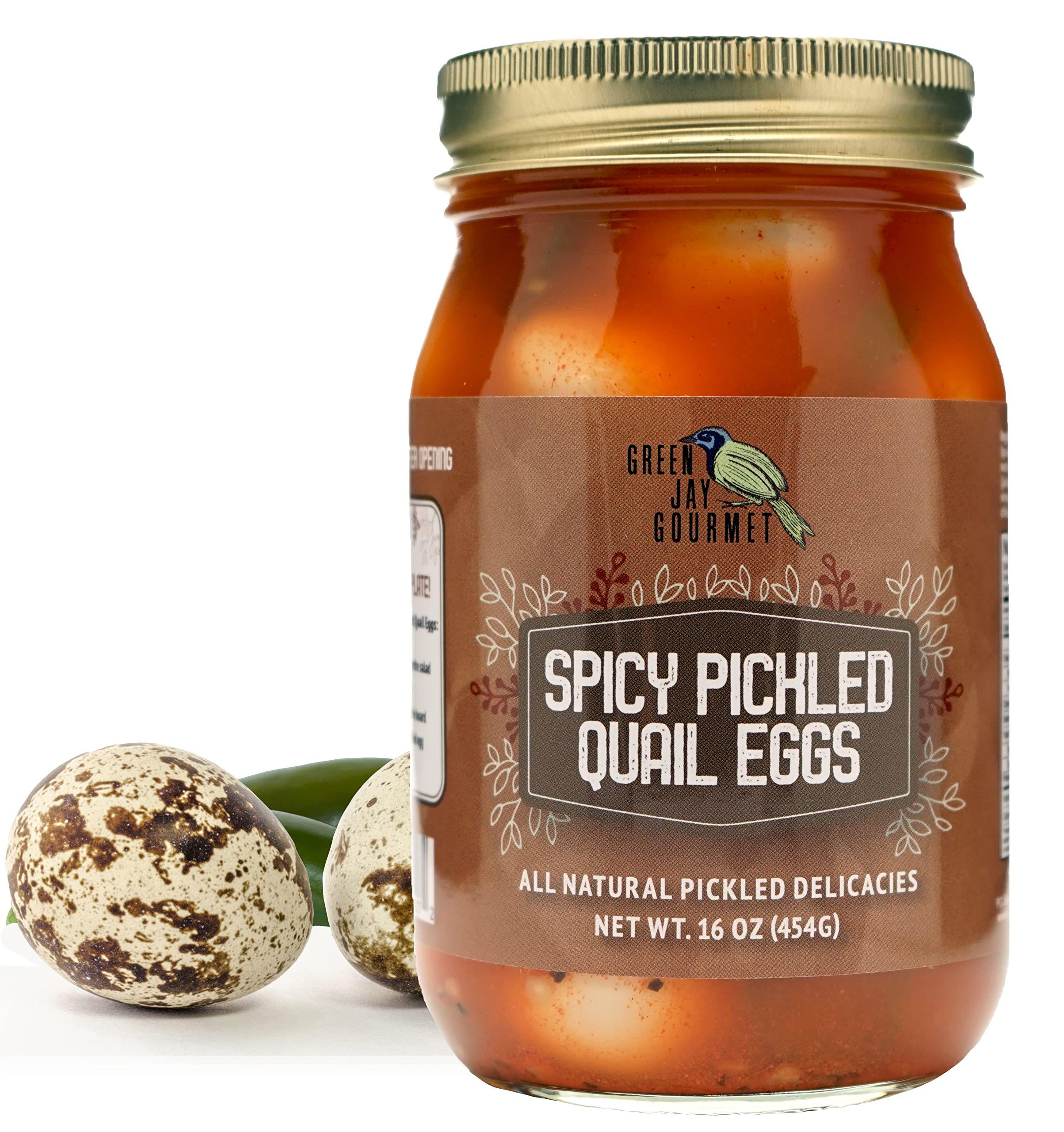 Green Jay Gourmet spicy pickled quail eggs in a jar, perfect for snacking