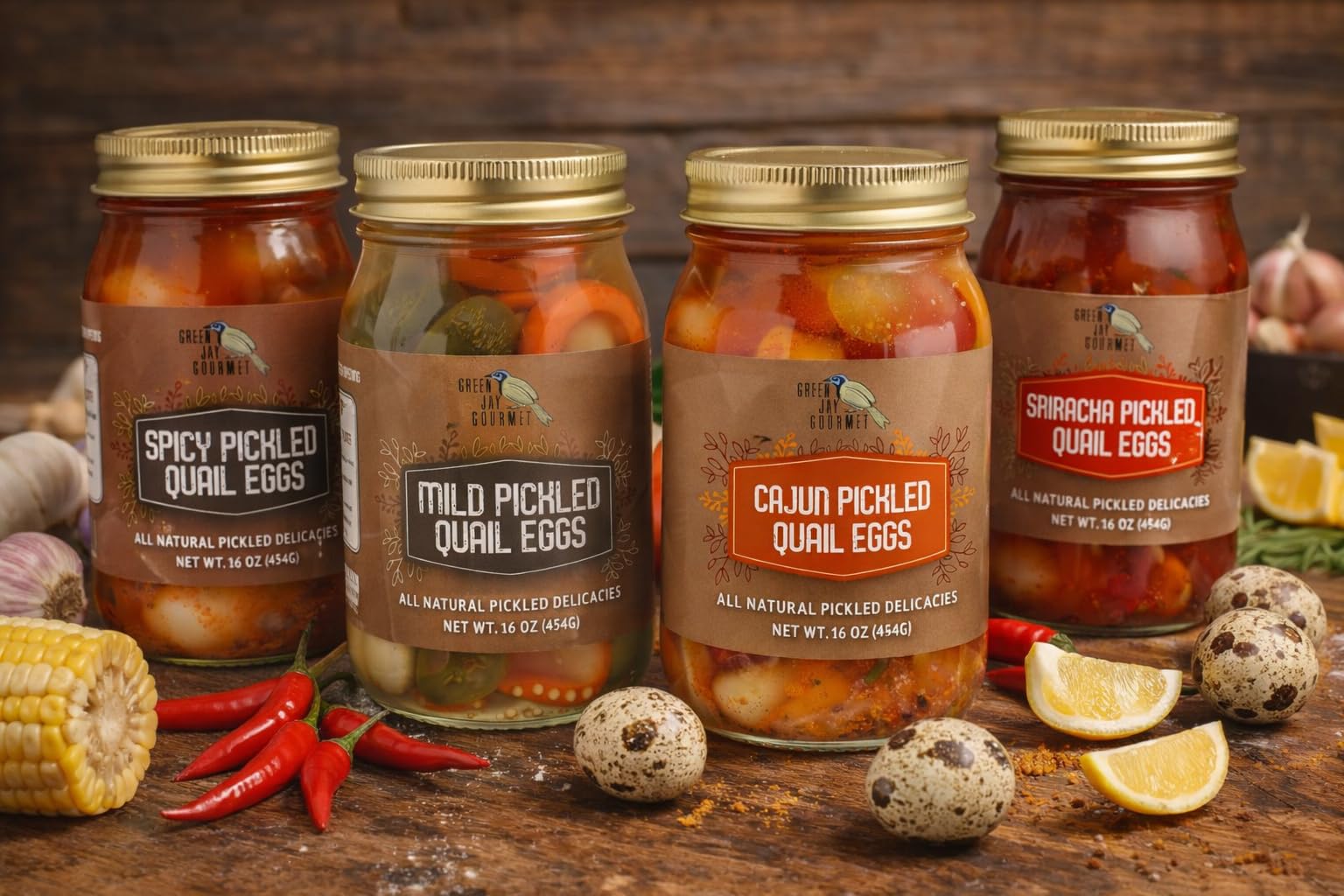 Green Jay Gourmet spicy pickled quail eggs ready to eat straight from the jar