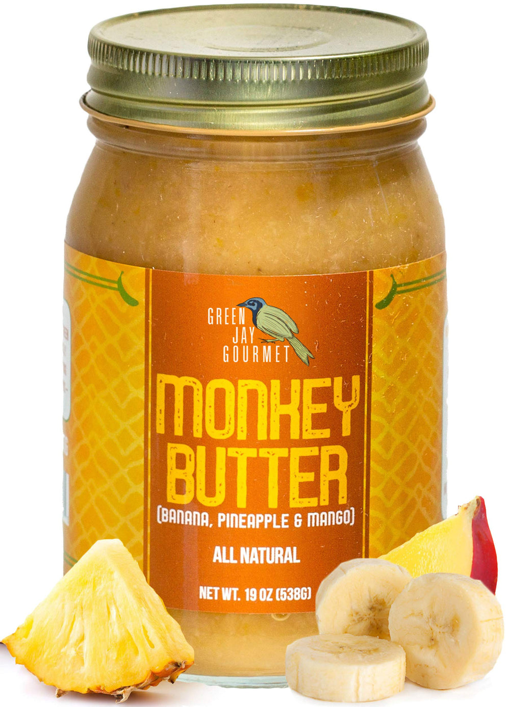 Green Jay Gourmet Monkey Butter 19oz jar on kitchen counter, all-natural banana spread