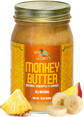 Green Jay Gourmet Monkey Butter 19oz jar on kitchen counter, all-natural banana spread