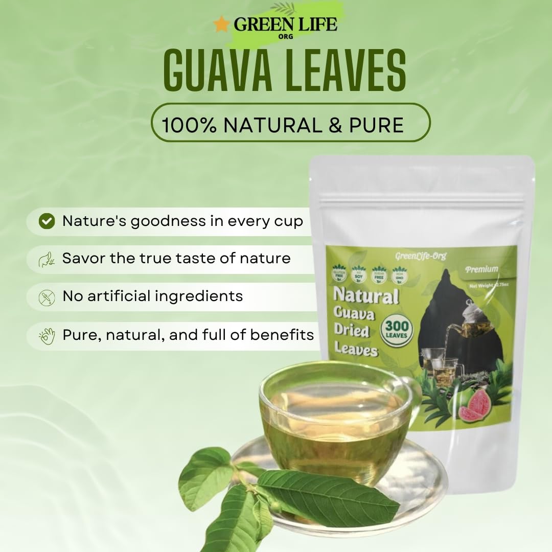 Green Life Org quava leaves in a jar suggest clean, vegan-friendly product.