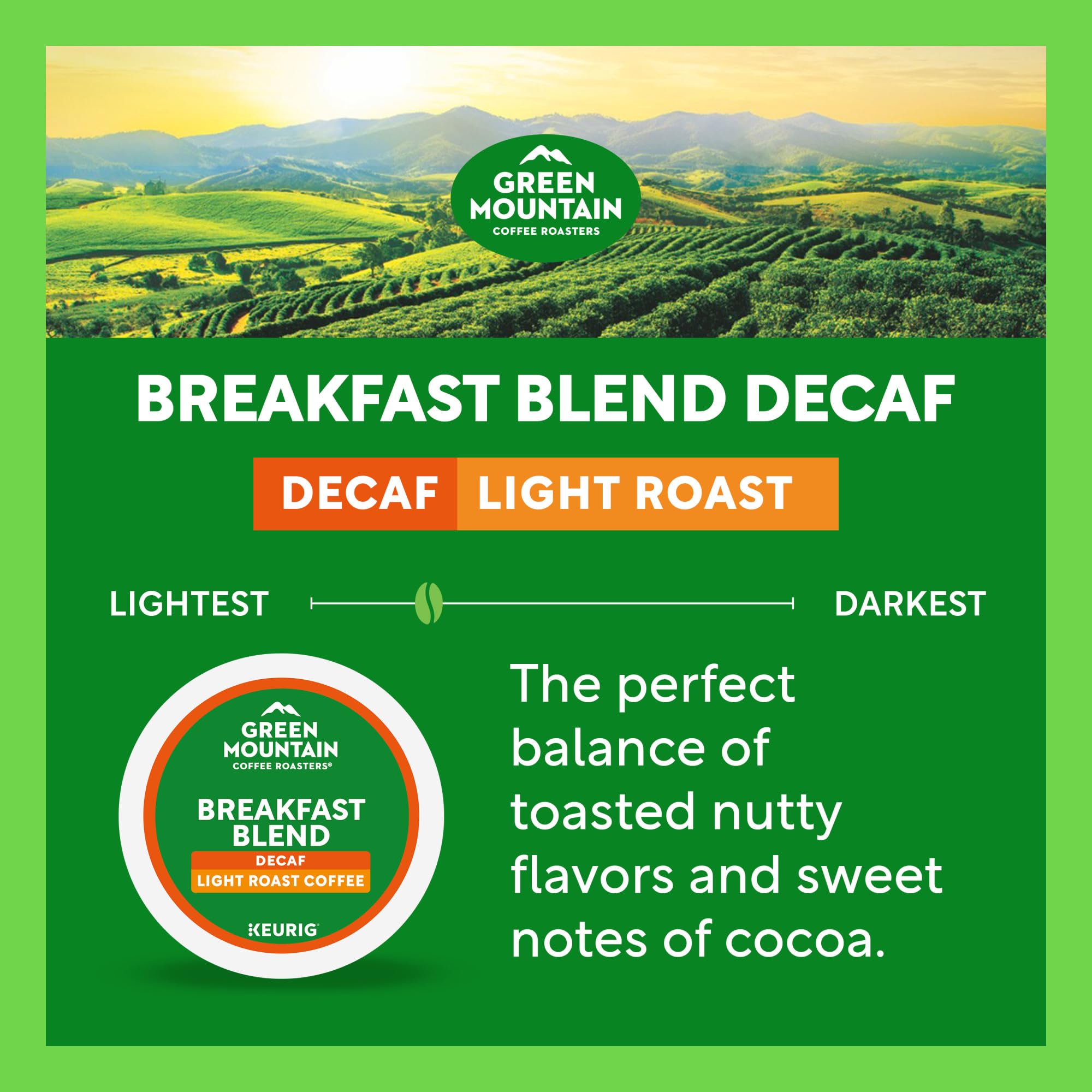 60-count six-pack packaging display for Green Mountain Breakfast Blend Decaf.