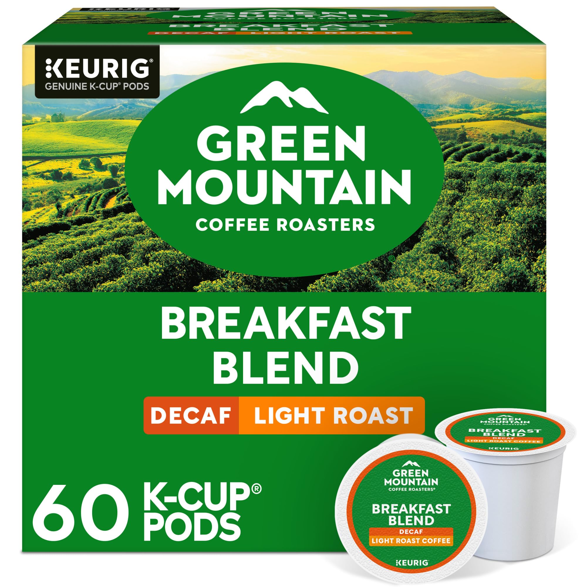 Green Mountain Breakfast Blend Decaf box front shows 60-count packaging for Keurig.