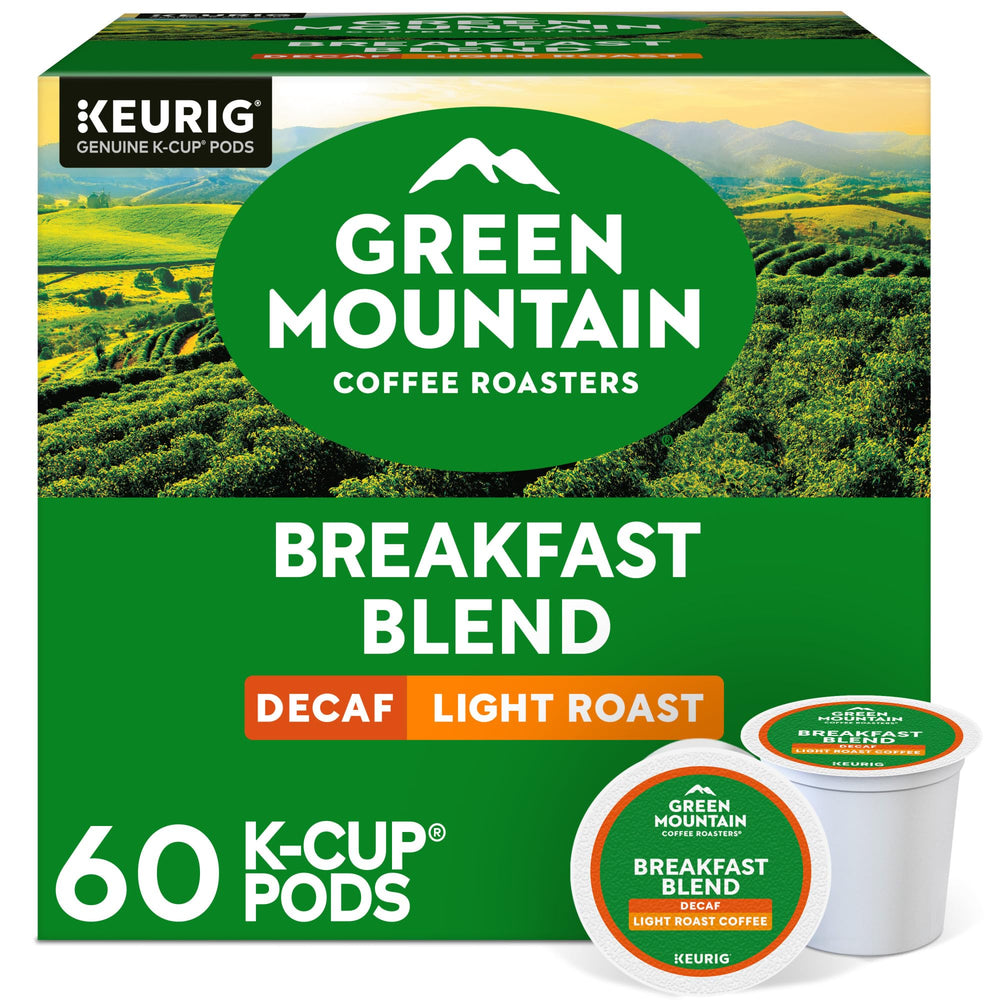 Green Mountain Breakfast Blend Decaf box front shows 60-count packaging for Keurig.