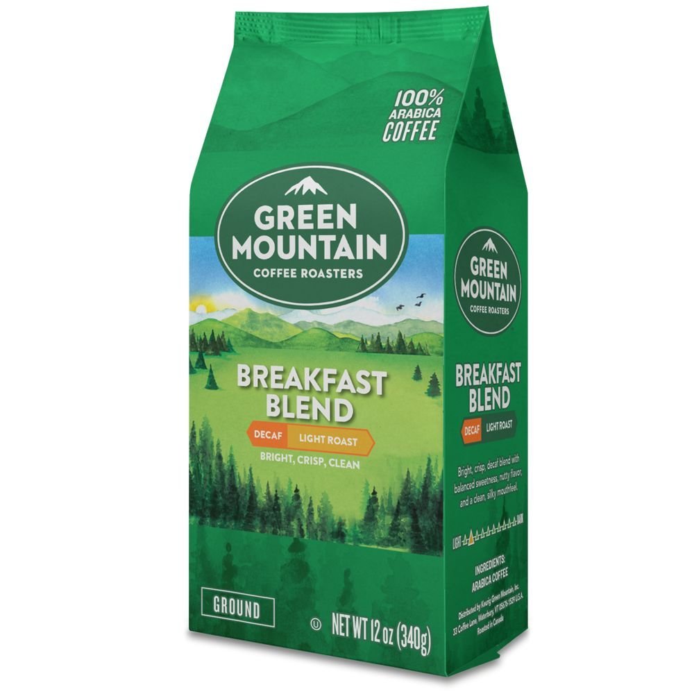 Green Mountain Breakfast Blend Decaf ground coffee, bright and nutty for a smooth morning