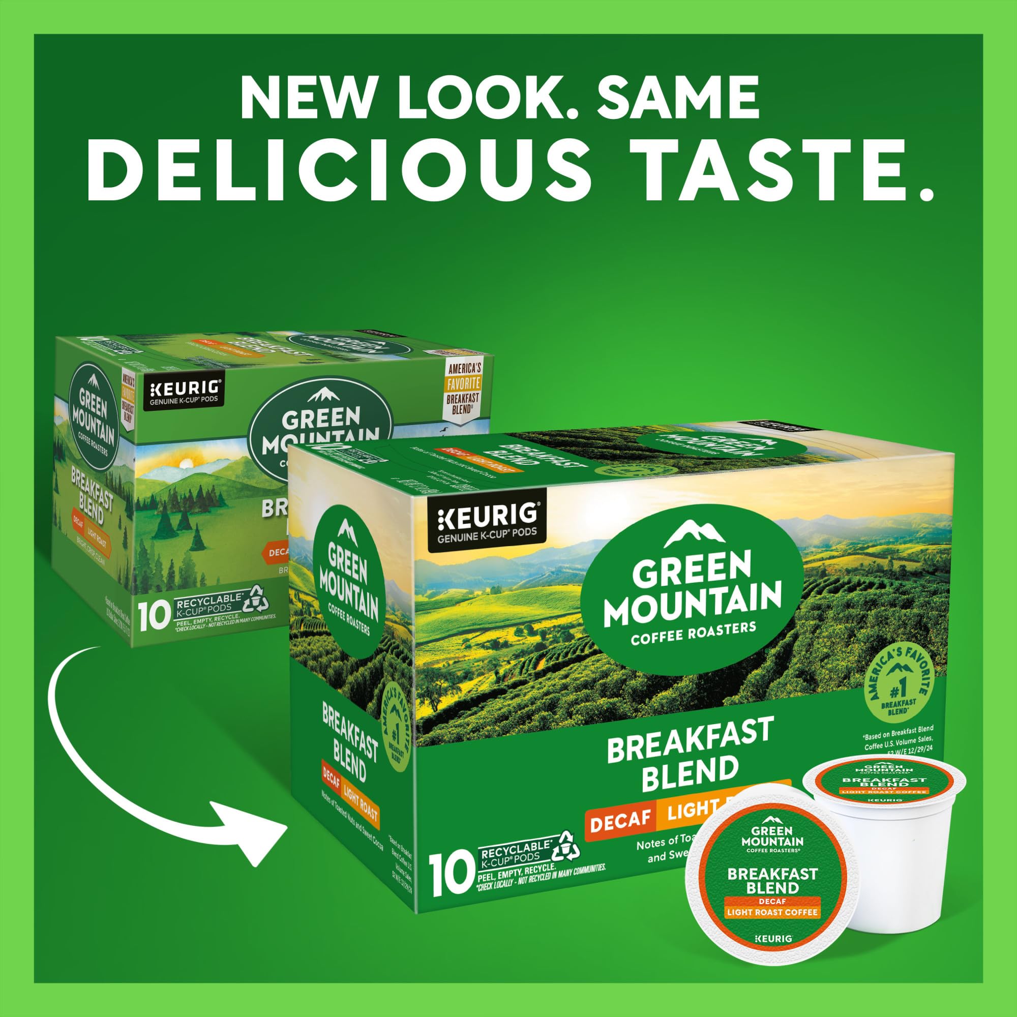 Green Mountain Breakfast Blend Decaf K-Cup pods arranged for Keurig brewing.