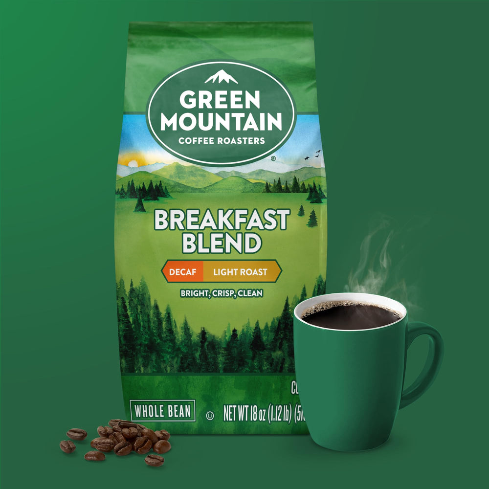 Green Mountain Breakfast Blend Decaf pour-over scene highlights silky mouthfeel