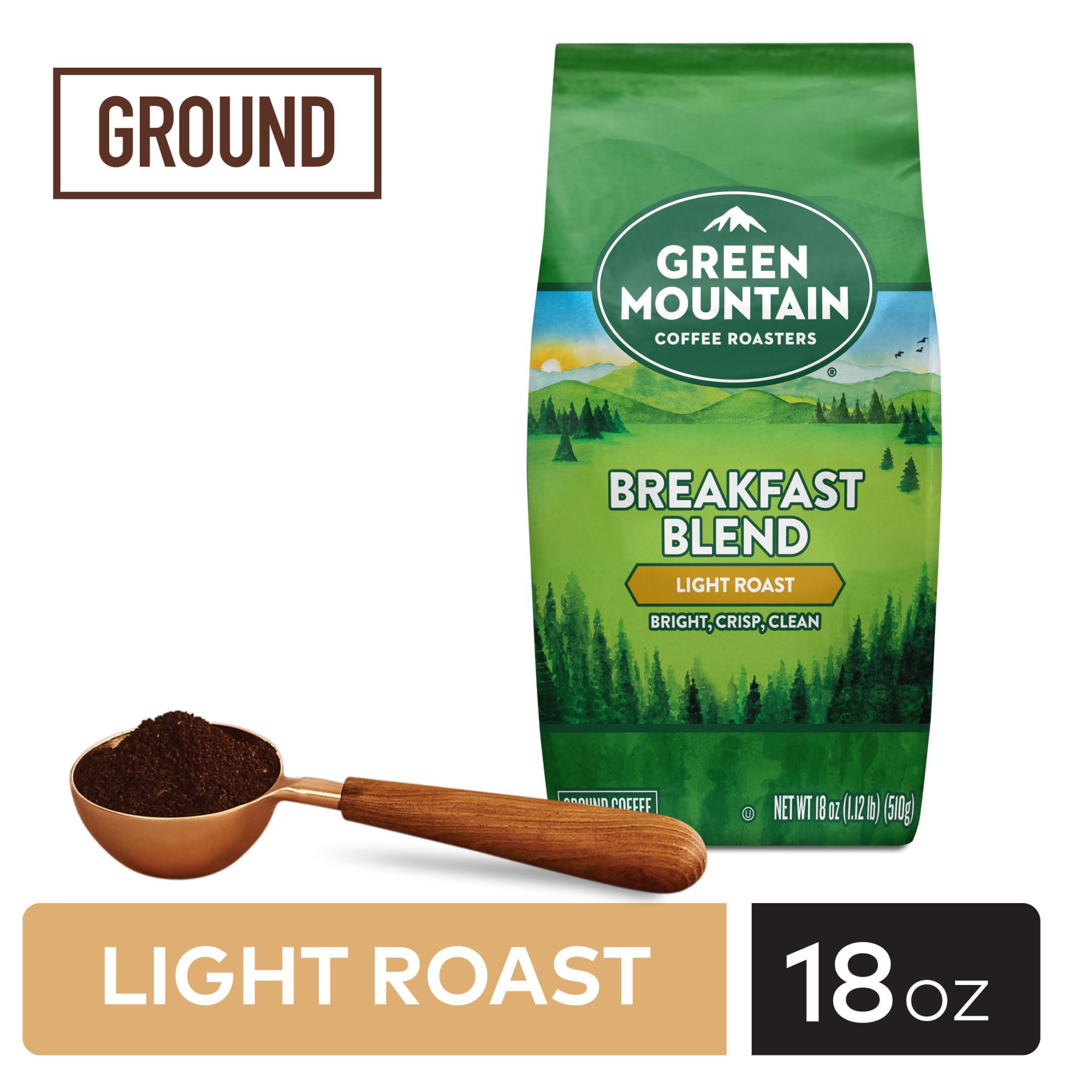 Green Mountain Breakfast Blend dry grounds closeup showing fresh roast and nutty notes.