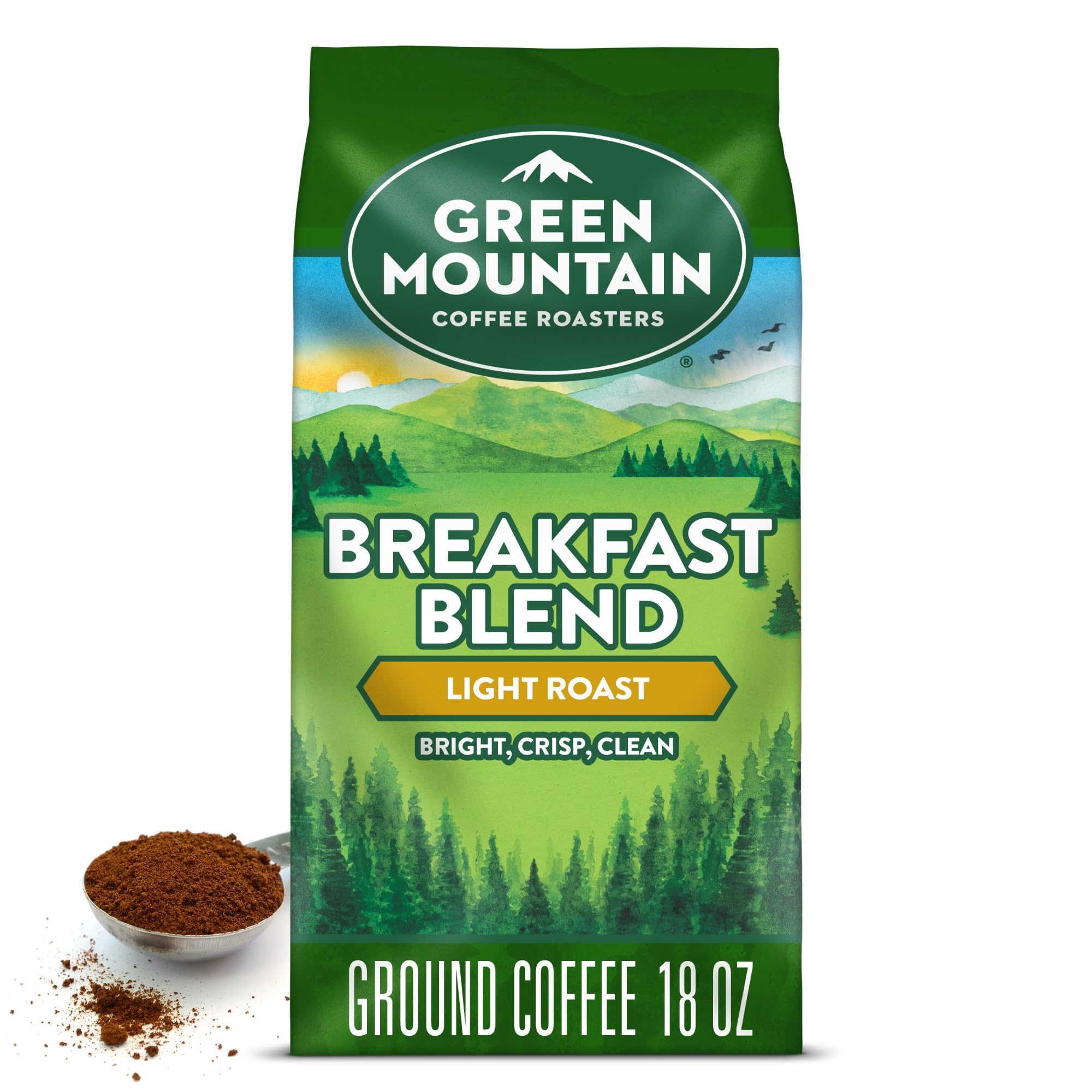 Green Mountain Breakfast Blend ground 18oz pack, bright aroma and bold morning start.