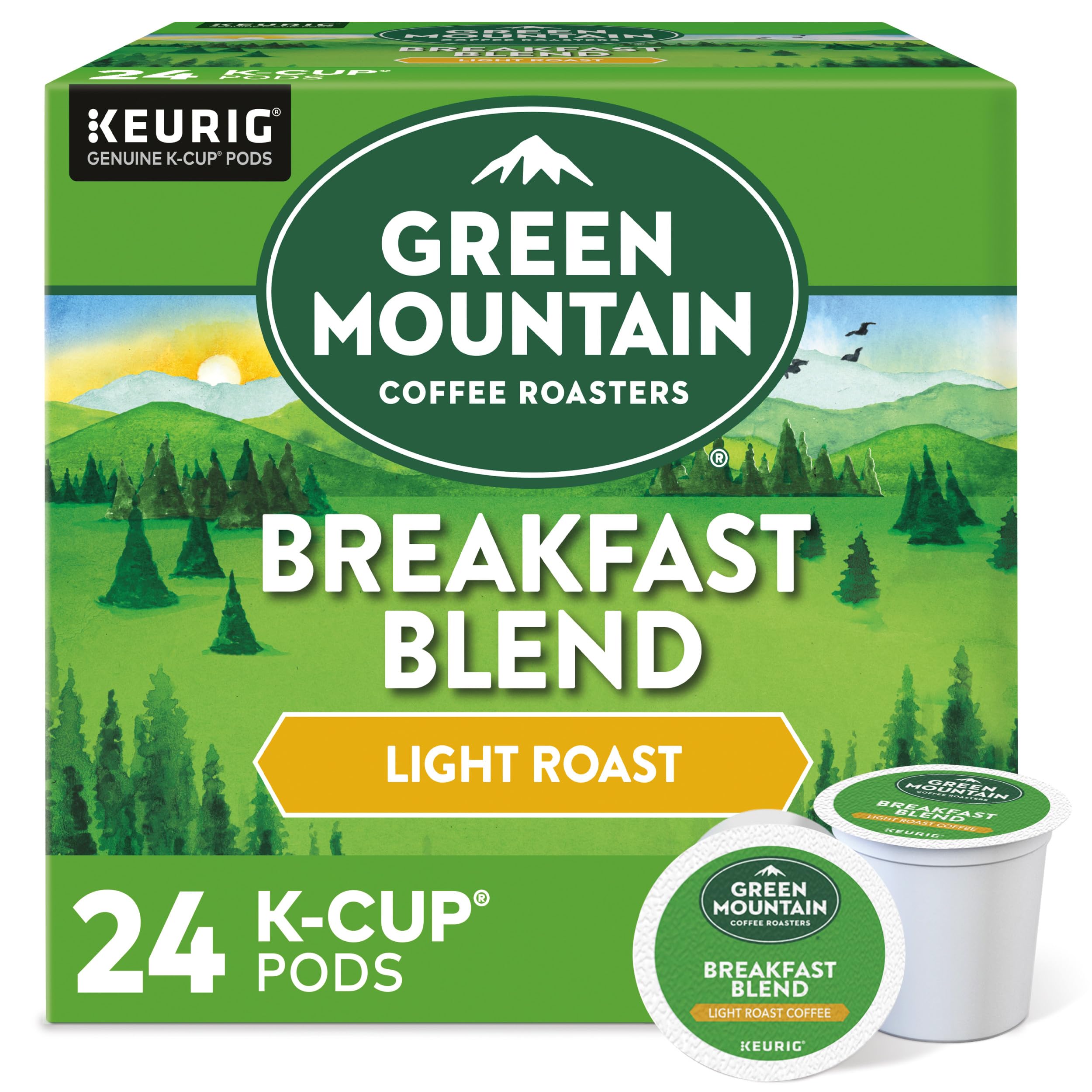 Green Mountain Breakfast Blend K-Cup pod delivers bright, crisp flavor for quick mornings.