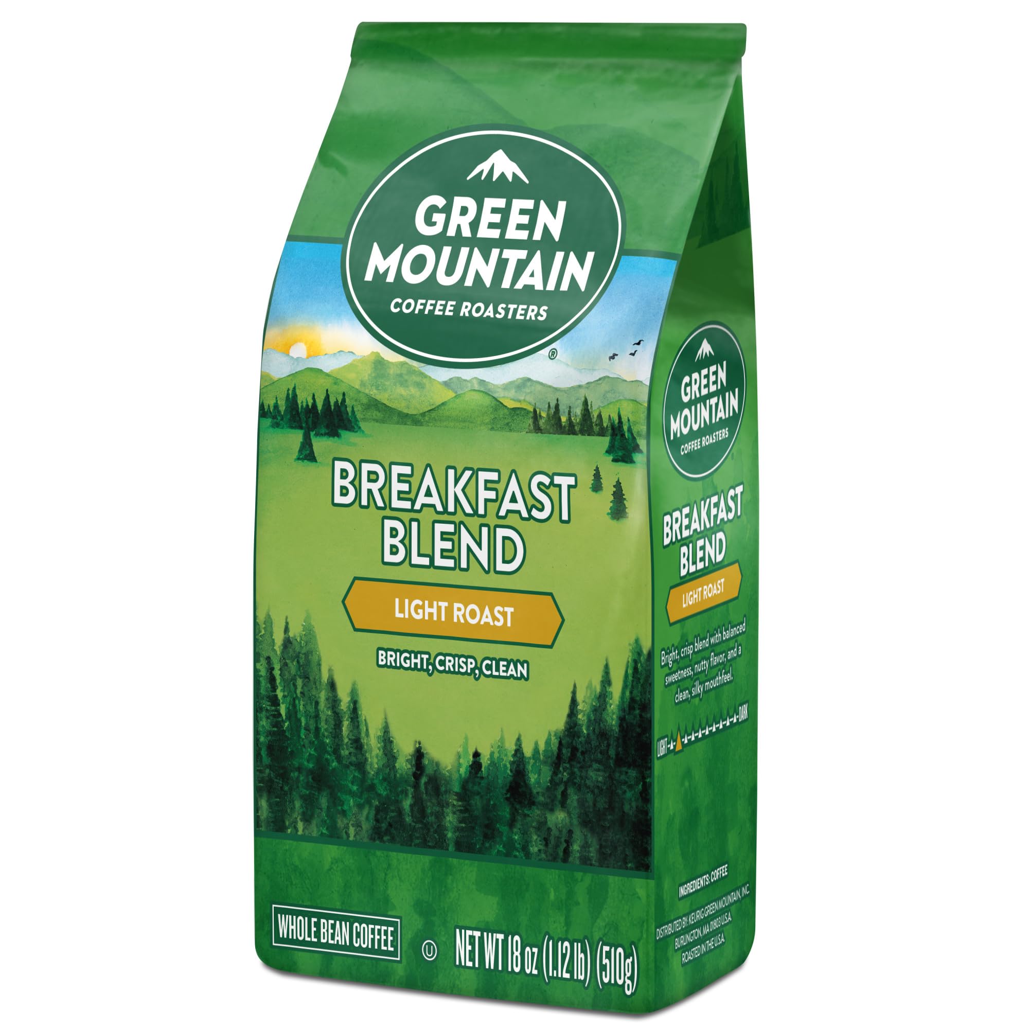 Green Mountain Breakfast Blend label with roast details.