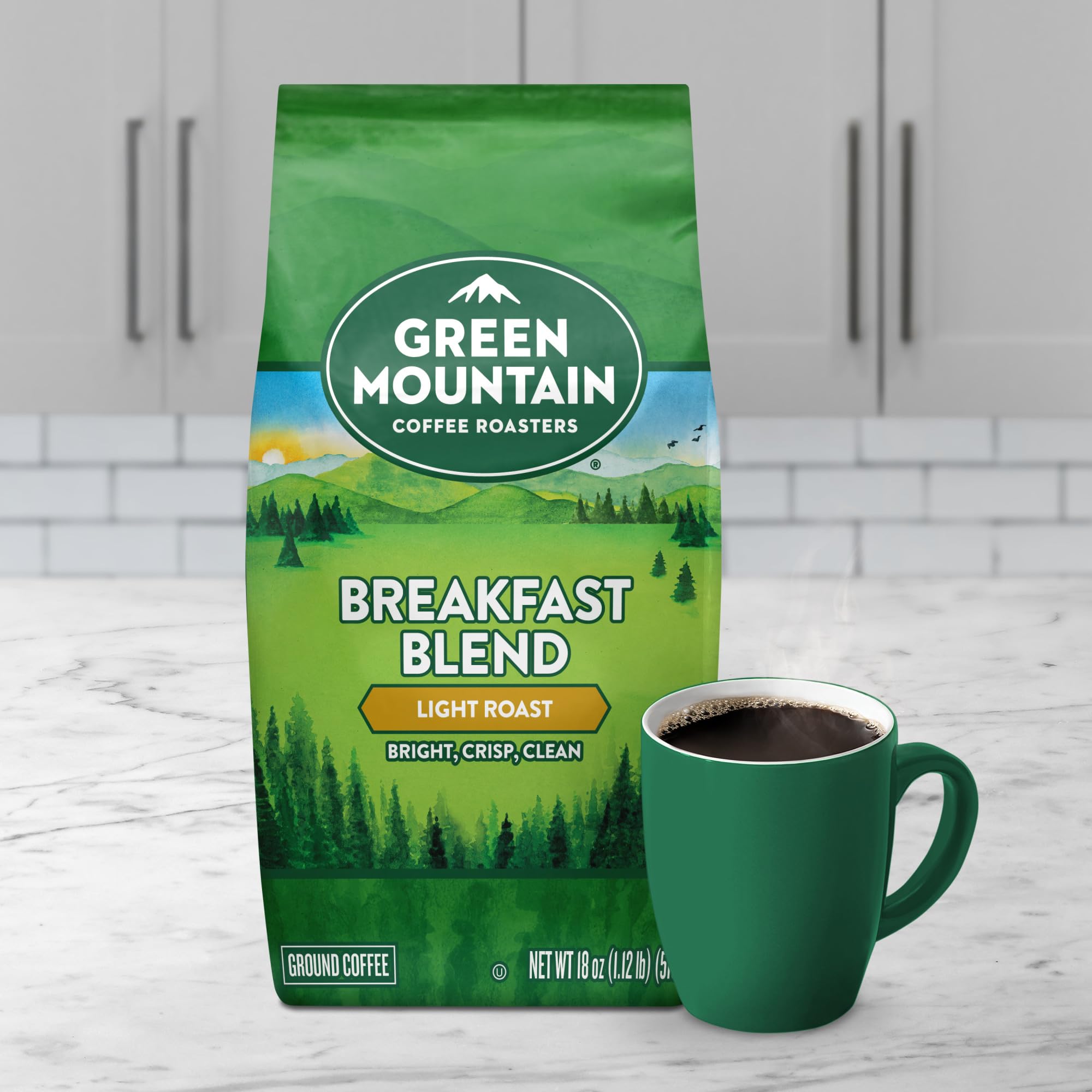 Green Mountain Breakfast Blend light roast with steam rising for a crisp finish.